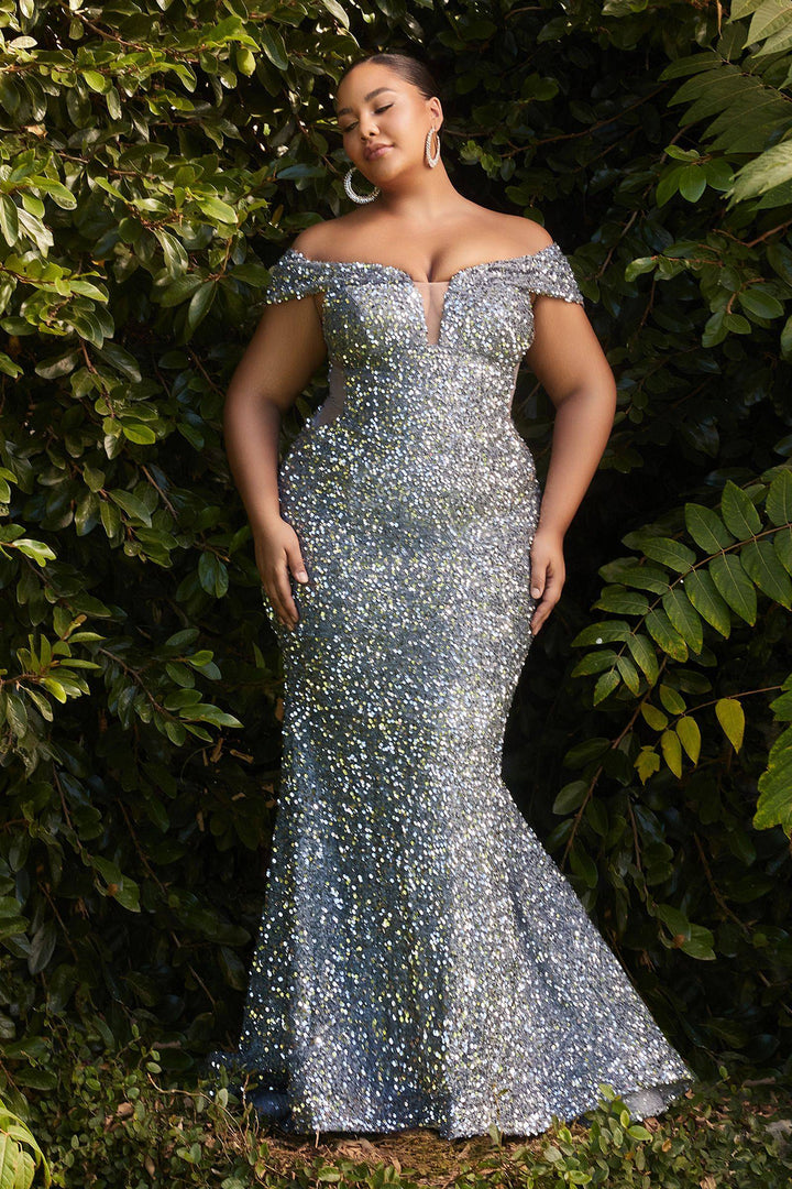 Off Shoulder Sequin Plus Size Fitted Bodice Deep Illusion Neckline Long Prom & Ball Dress CDCD975C