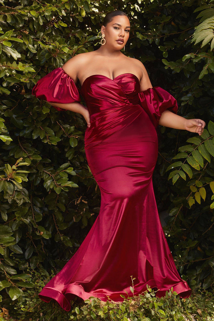 Plus Size Puff Sleeves Satin Curve Gathered Wrapped Sweetheart Open Back Long Prom Dress CDCD983C