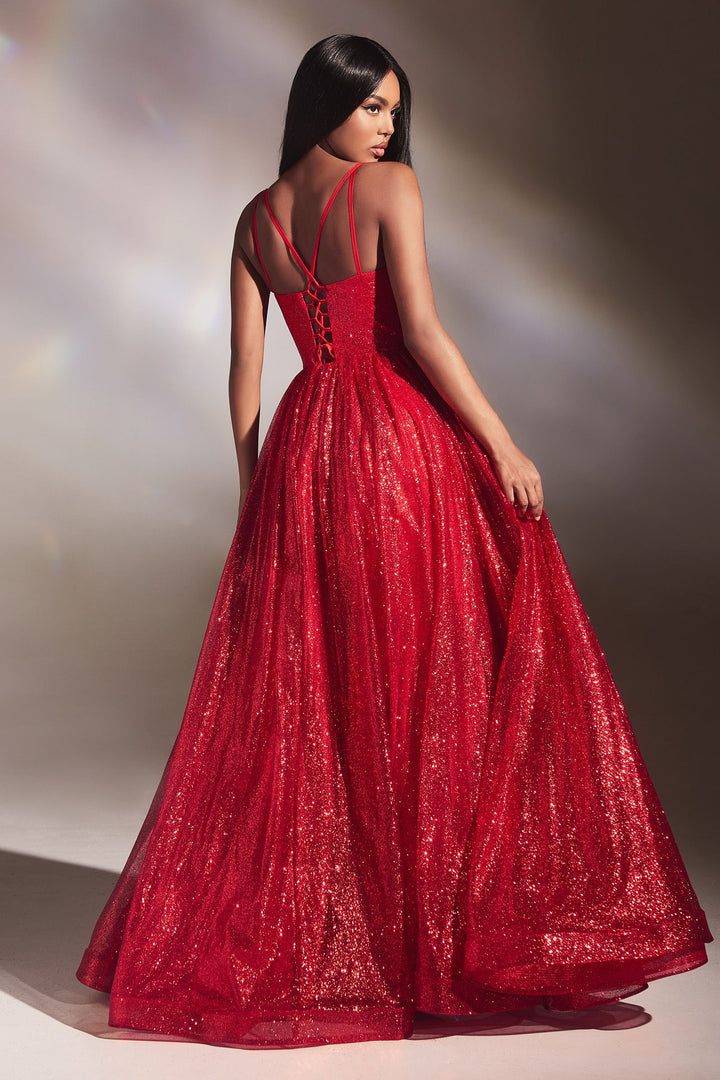 Layered Glitter V-neck Spaghetti Strap Open Back Bodice A-line Shimmer Long Prom Dress CDCD996-4