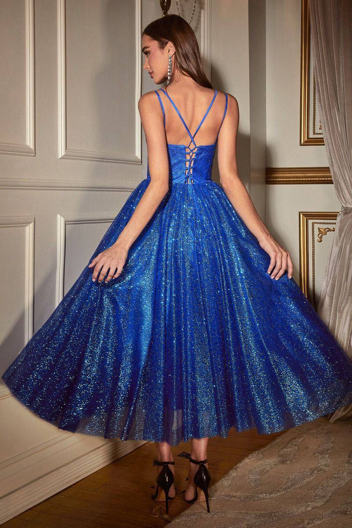 Embellished Glitter Flocked Illusion V-Neck Tea Length Prom Dress CDCD996T