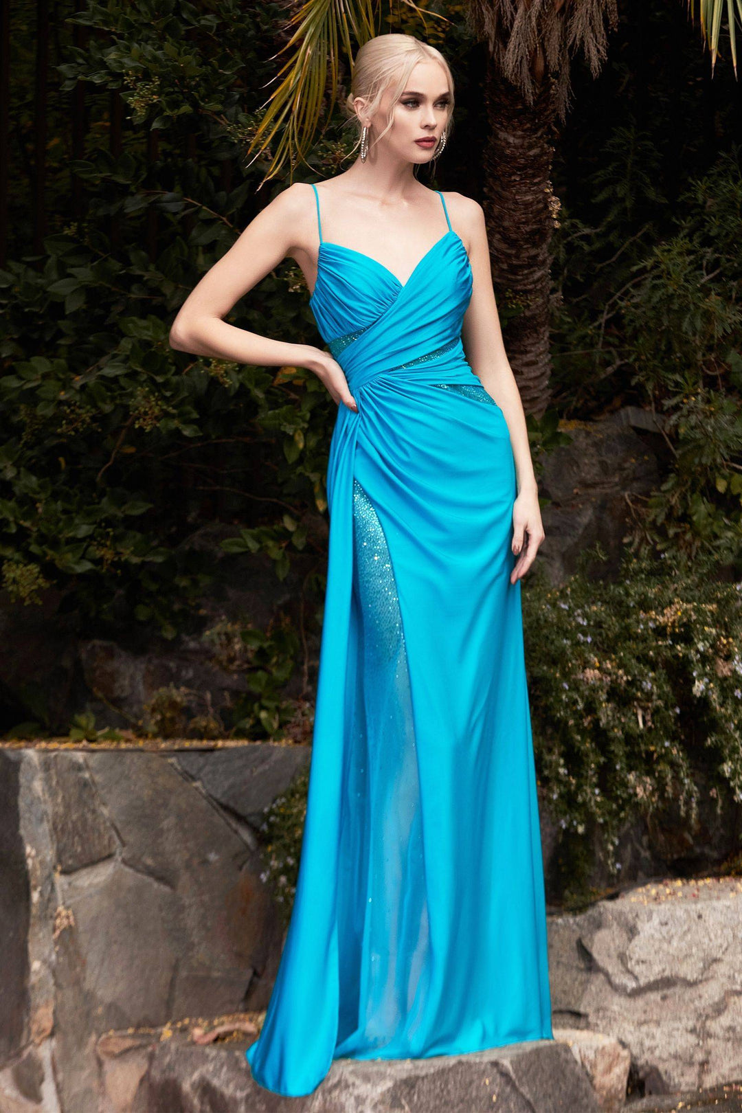 Stretch Gathered Rhinestone Open V-Back Long Evening Dress CDCDS410