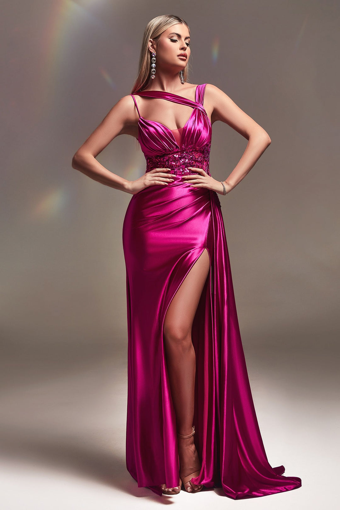 Fitted Satin Lace Detail One Shoulder Plunging Neck Bodice Long Prom & Evening Dress CDCDS415-5