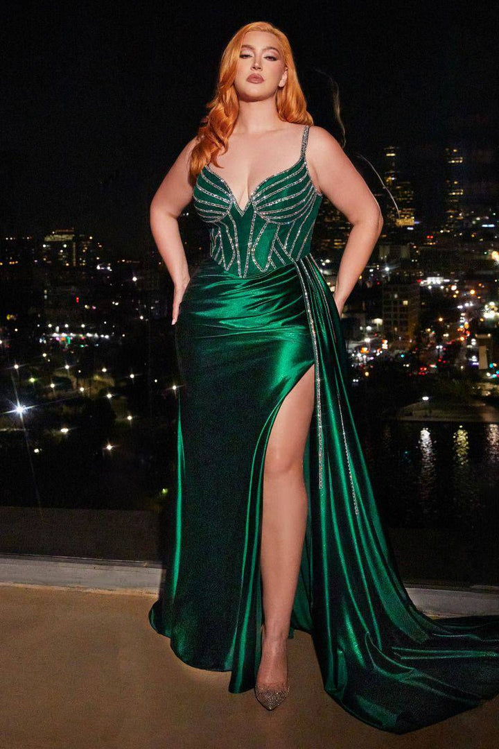 Embellished Satin Sweetheart Side Slit Plus Size Long Evening Dress CDCDS440C