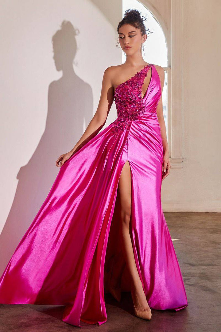 One Shoulder Embellished Satin Side Slit Long Evening Dress CDCDS454