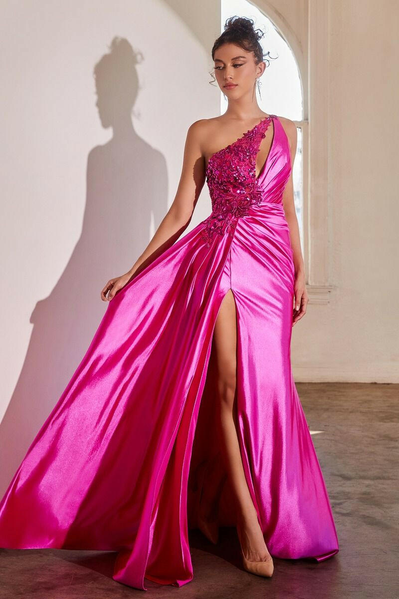 One Shoulder Embellished Satin Side Slit Long Evening Dress CDCDS454-0