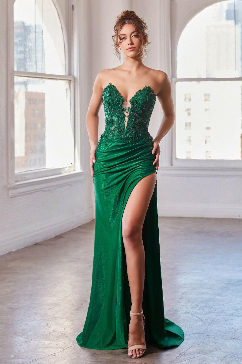 Strapless Fitted Lace Side Slit Illusion Sweetheart Long Evening Dress CDCDS465-2