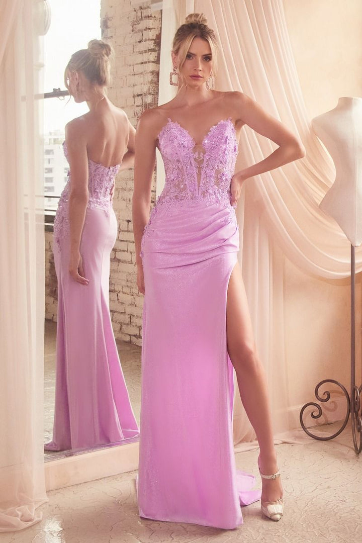 Strapless Fitted Lace Side Slit Illusion Sweetheart Long Evening Dress CDCDS465-2