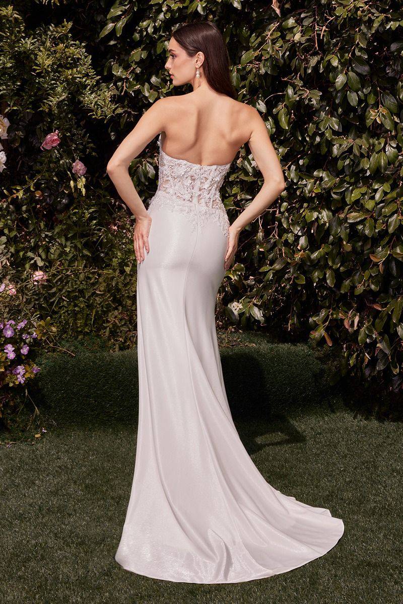 Embroidered Lace Bodice Strapless Side Slit Long Wedding Dress CDCDS465W