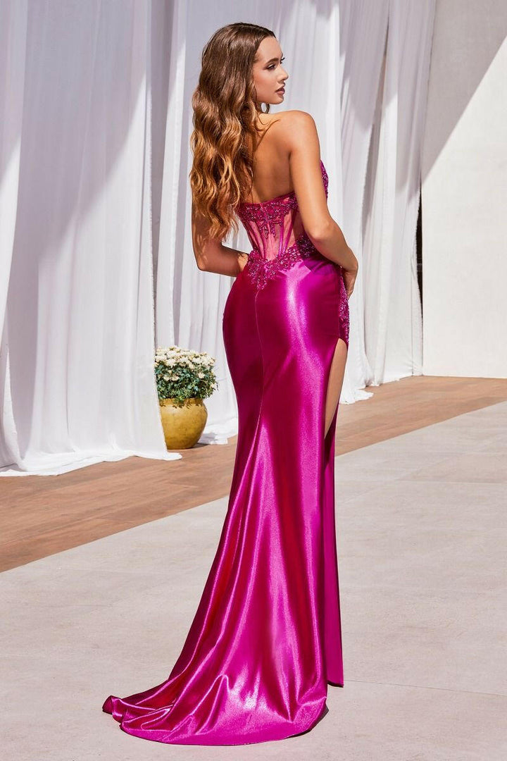 Strapless Lace & Satin Side Slit Sheer Bodice Long Evening Dress CDCDS489-6