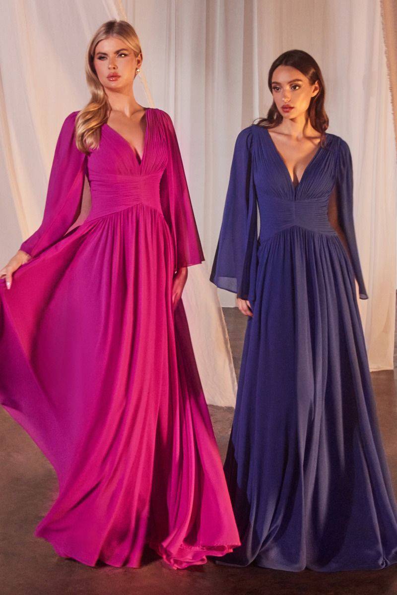 Chiffon A-Line Caplet Side Slit V-Neck Long Mother Of The Bride Dress CDCH028