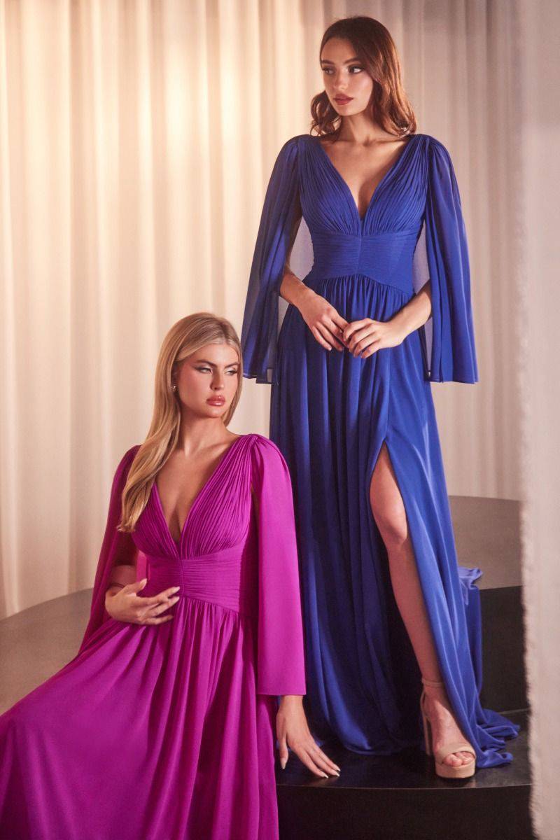 Chiffon A-Line Caplet Side Slit V-Neck Long Mother Of The Bride Dress CDCH028