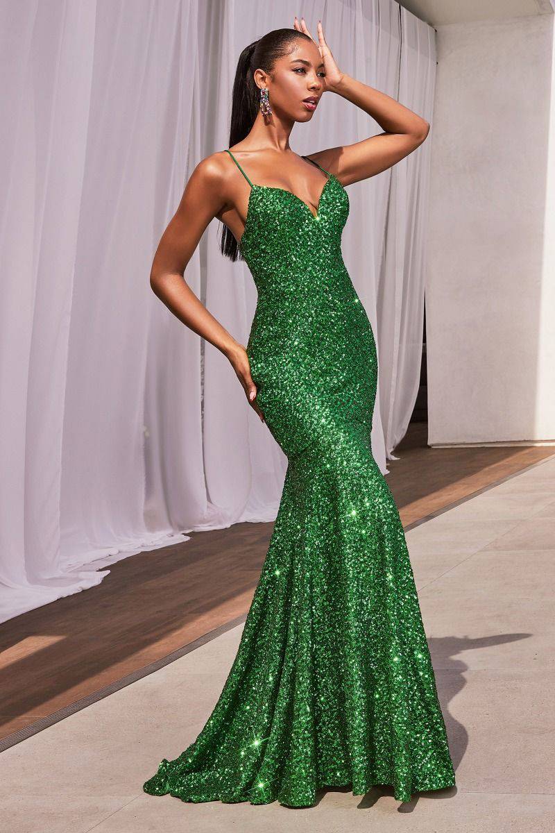 Fitted Embellished Sequins Mermaid Open Back Long Evening Dress CDCH066