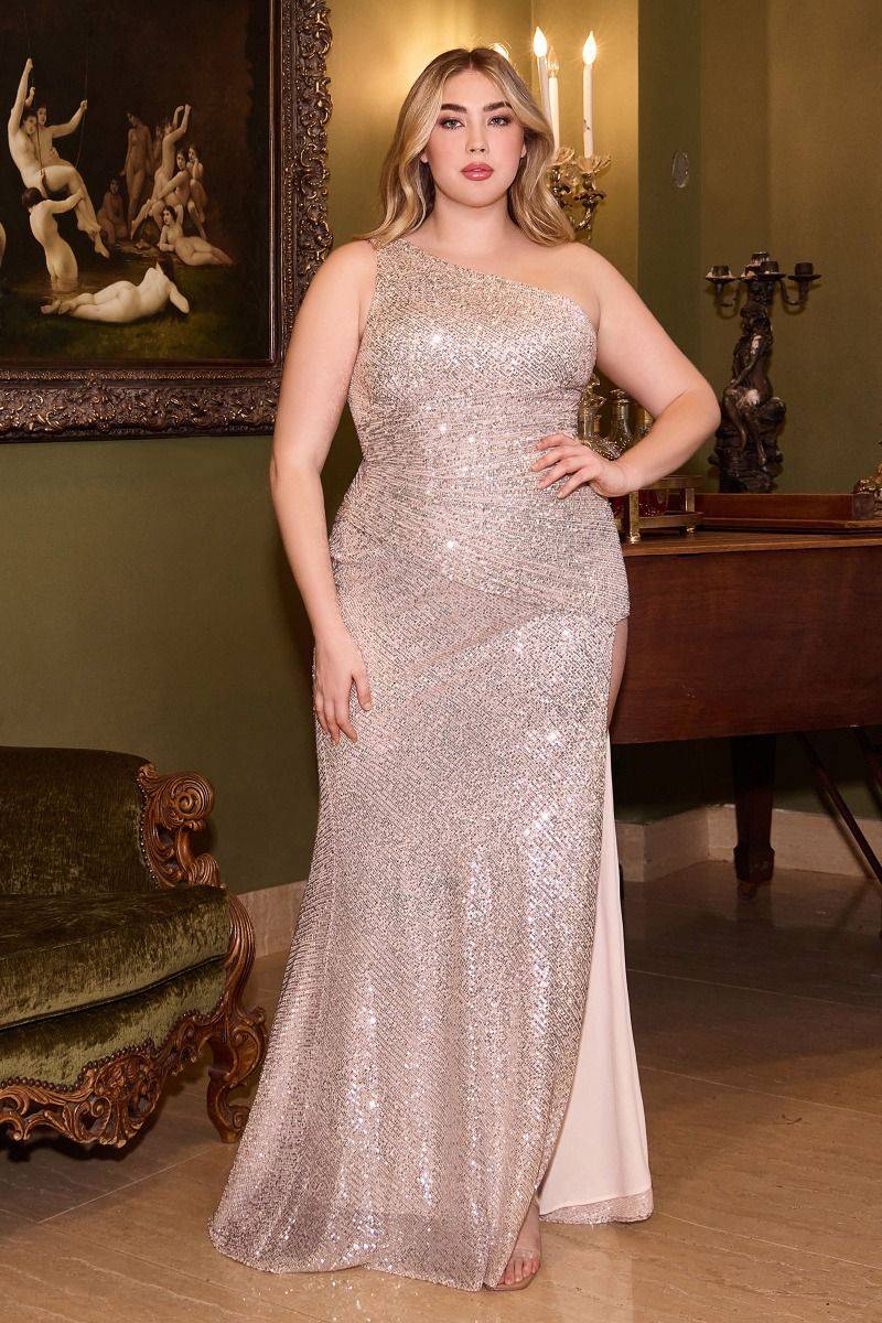 Fitted One Shoulder Side Slit Sequin Plus Size Long Evening Dress CDCH077C