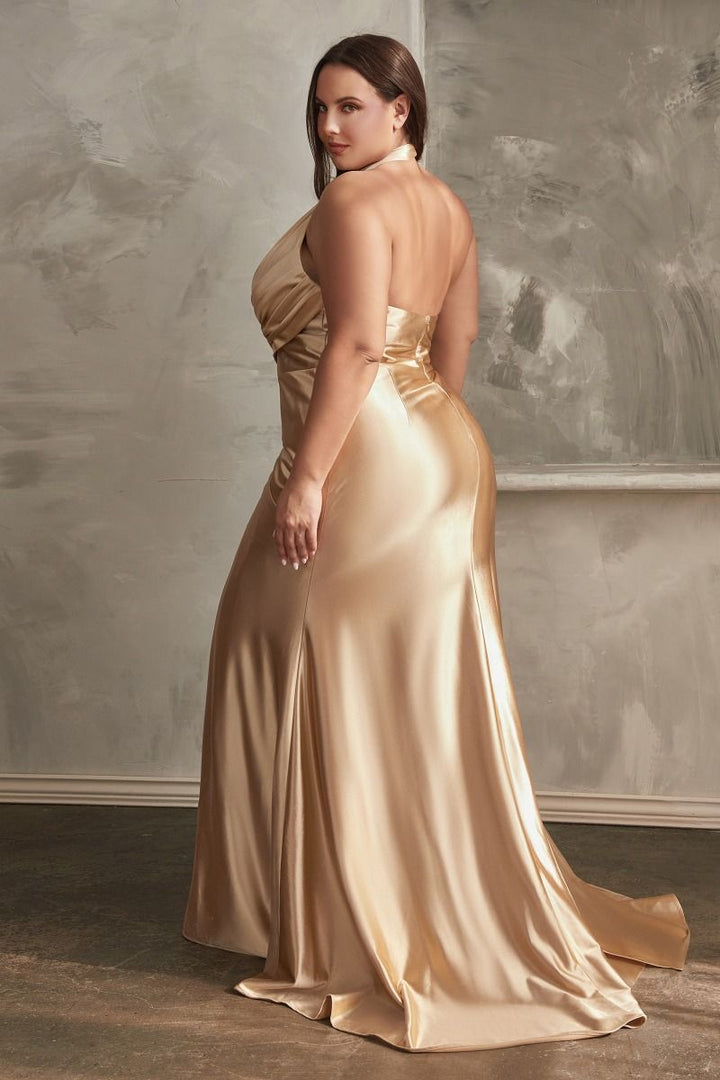 Halter Satin Side Slit Open Back Plus Size Long Evening Dress CDCH079C-3