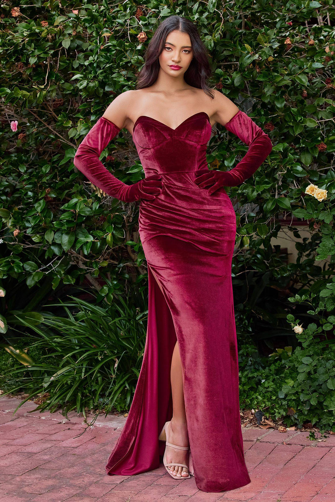 Velvet Strapless Fitted With Gloves Side Slit Long Evening Dress CDCH176