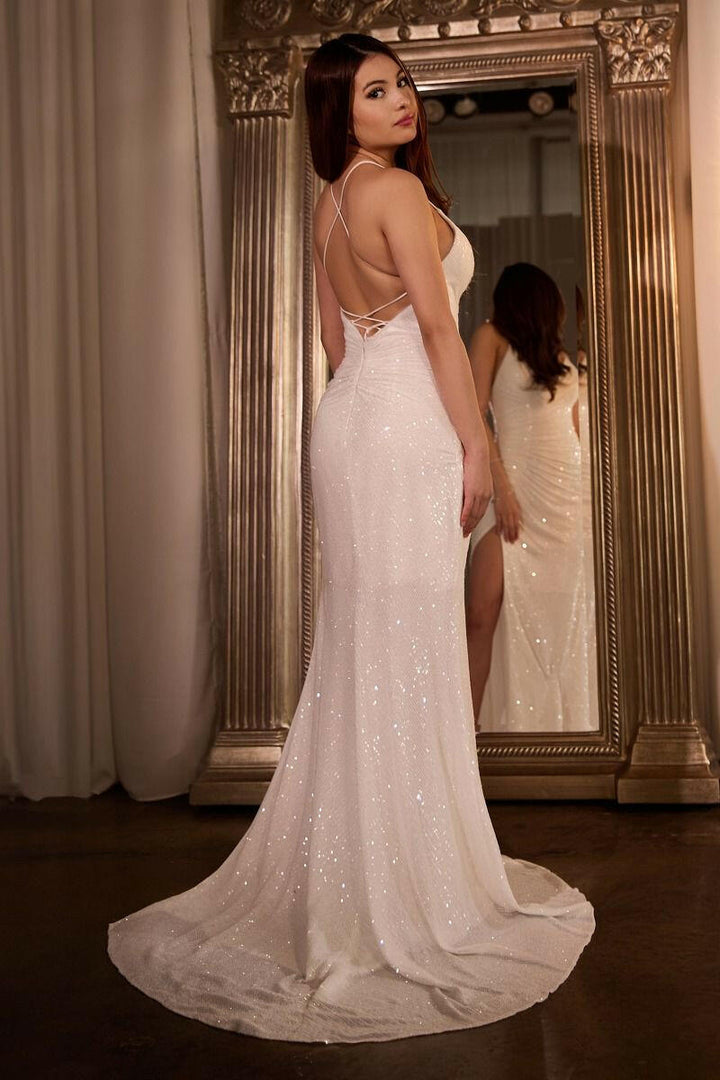 Off White Embroidered Sequin Side Slit Fitted Long Wedding Dress CDCH225W-2