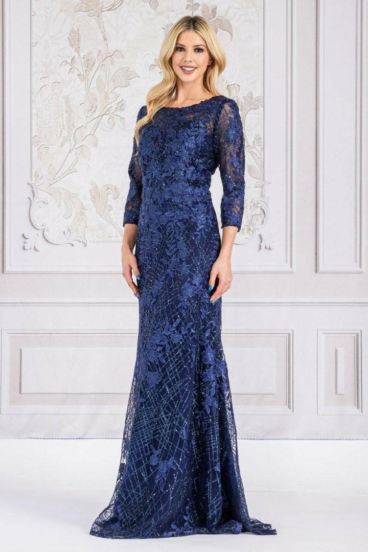 Embroidered Lace Trumpet Sheer 3/4 Sleeves Long Mother Of The Bride Dress AC7045 Sale-Shangri-La Fashion