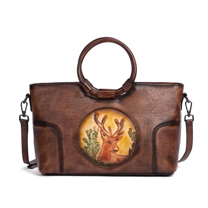 Fashion Large Capacity Round Handle Vintage Leather Shoulder Tote Bag-0