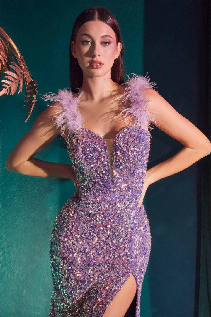 Feathered Iridescent Sequin Embellished Bodice Deep V-neck Mermaid Leg Slit Long Prom Dress CDCD248 Sale-Shangri-La Fashion