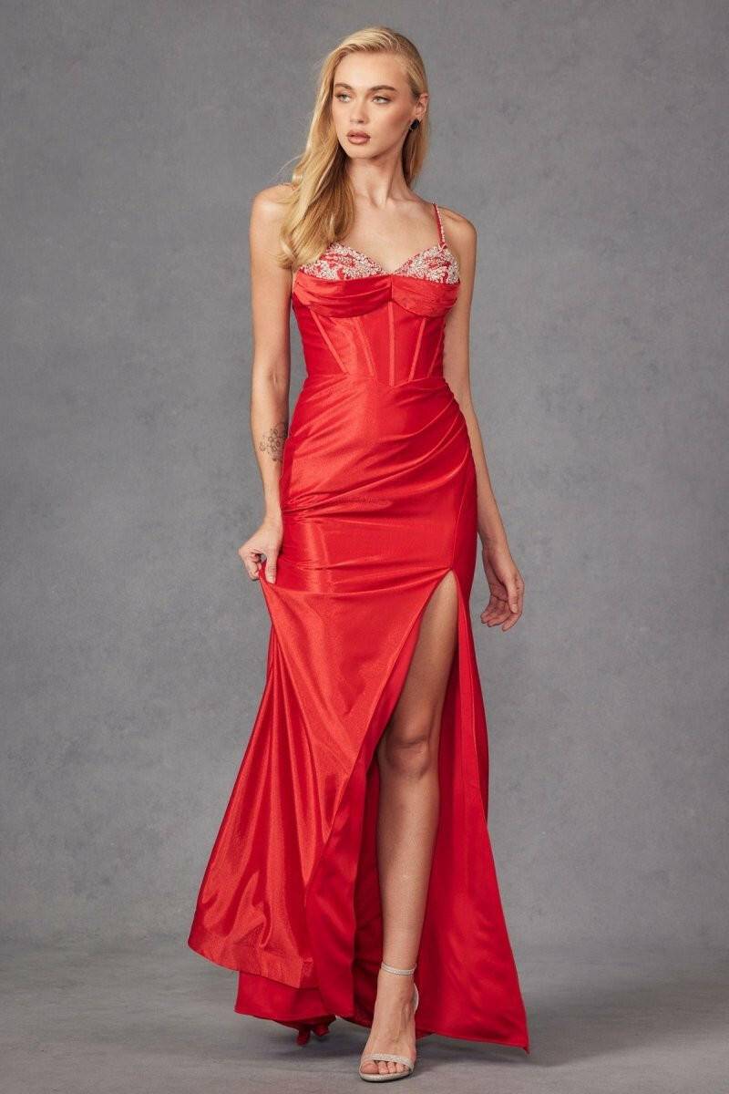 Fitted Silky Stretch Satin Rhinestone Embellished Neckline Slit Prom Dress JTJT2434A-Shangri-La Fashion