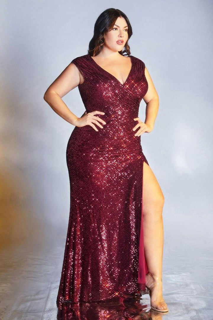 Fitted Trumpet Curvy Sequin Plus Size Fitted V-neck Tank Straps Long Prom & Ball Dress CDCH198C-Shangri-La Fashion