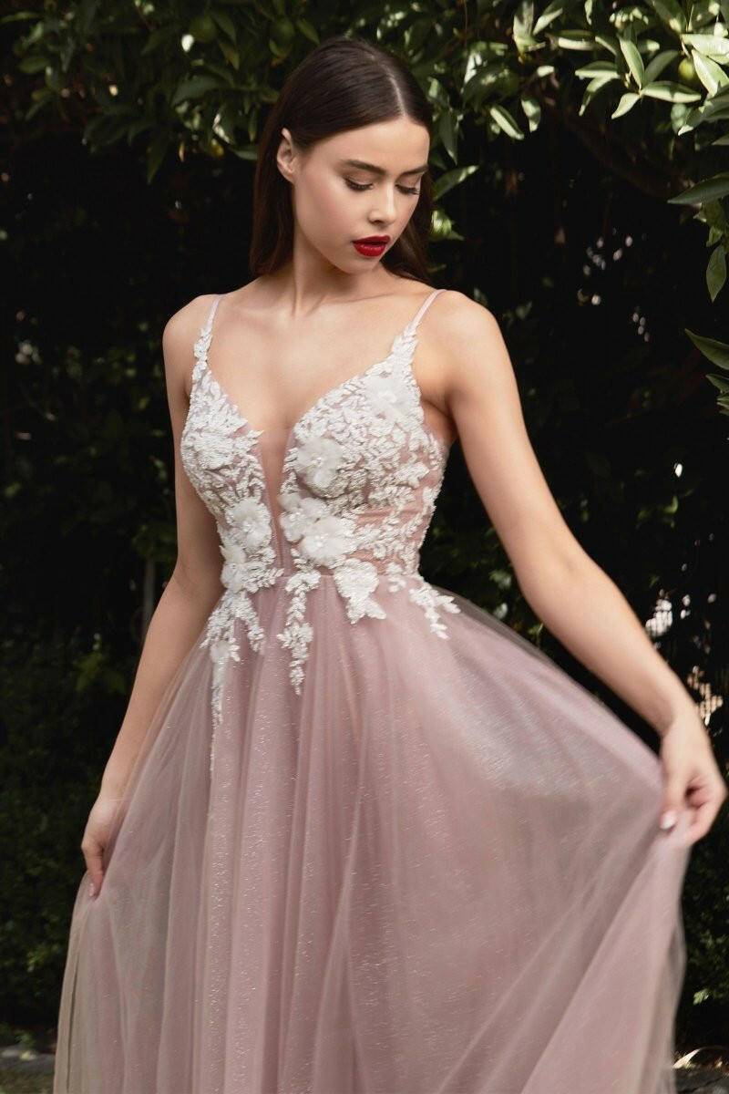 Floral A-Line Embroidered Lace Illusion V-Neck Long Prom Dress CDCB075-Shangri-La Fashion