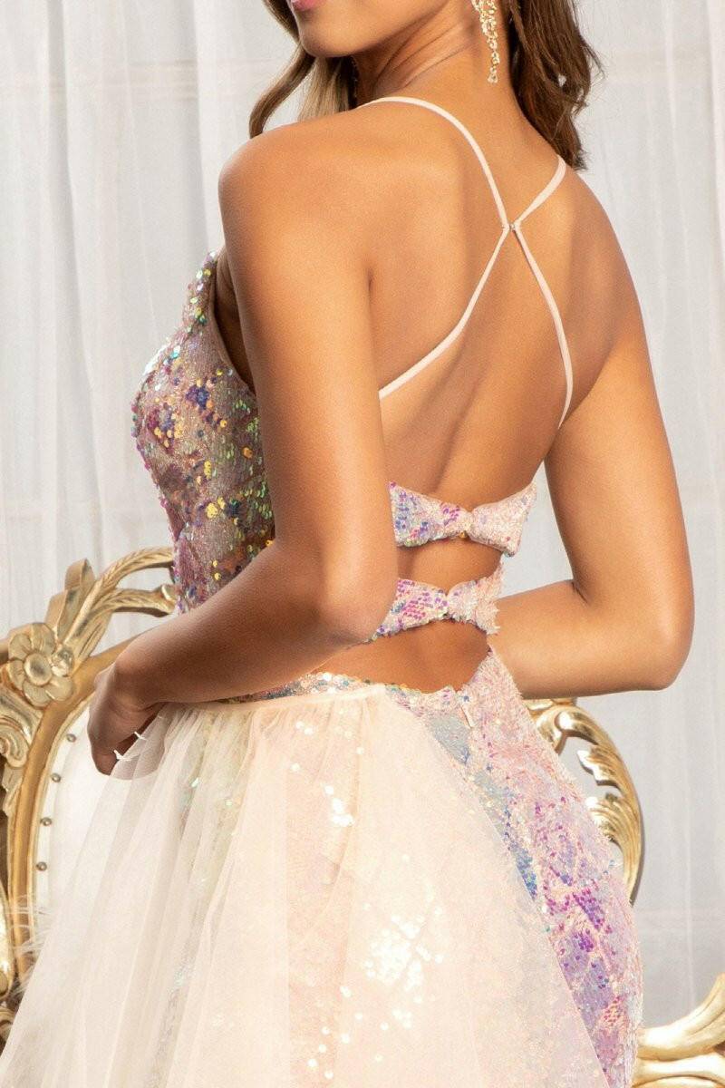 Full Iridescent Sequin Cut-Out Back w/ Detachable Mesh Layer Long Prom Dress GLGL3026-Shangri-La Fashion