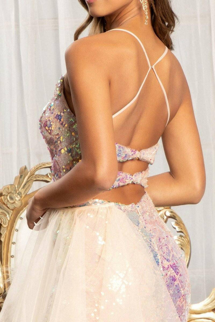 Full Iridescent Sequin Cut-Out Back w/ Detachable Mesh Layer Long Prom Dress GLGL3026-Shangri-La Fashion