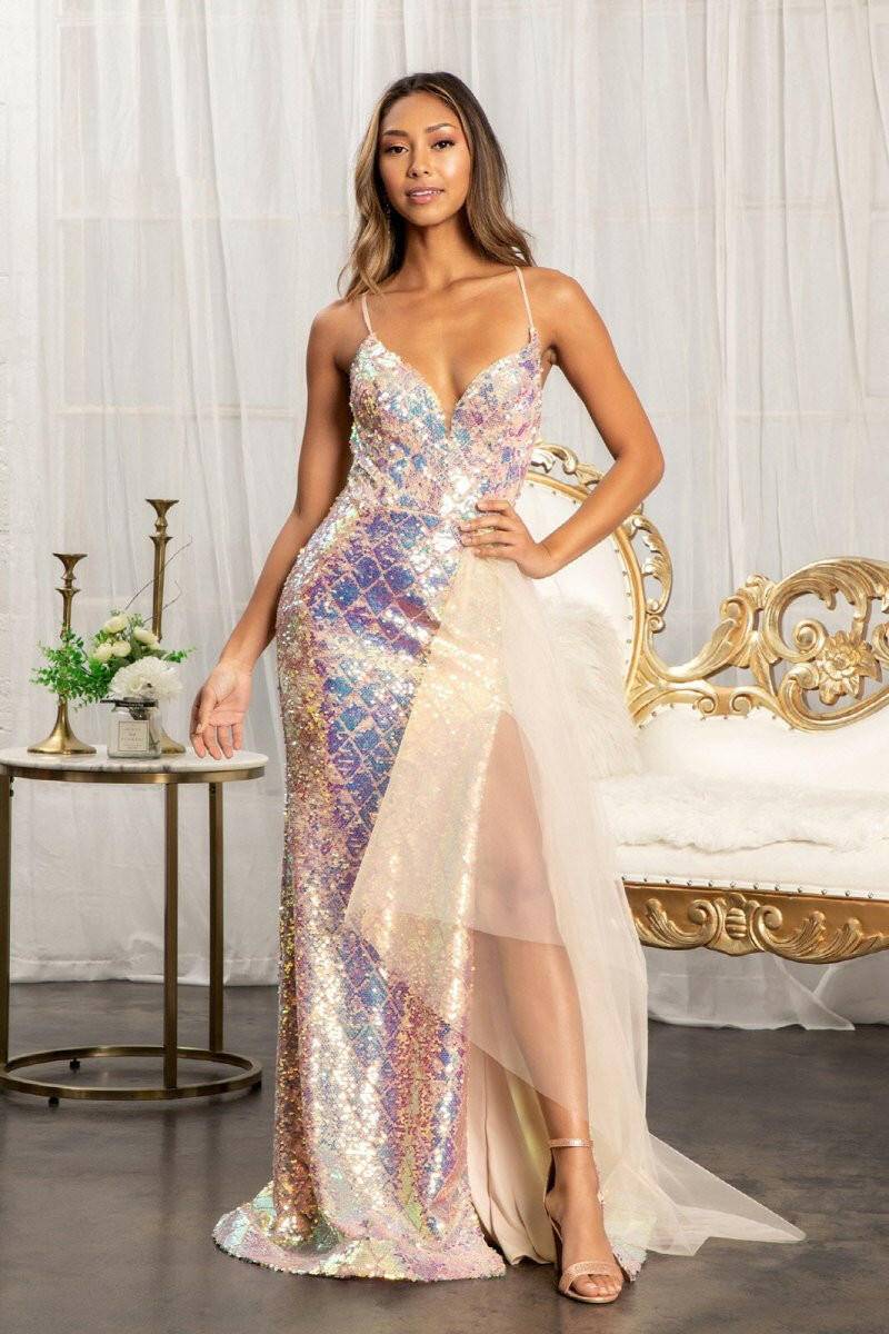 Full Iridescent Sequin Cut-Out Back w/ Detachable Mesh Layer Long Prom Dress GLGL3026-Shangri-La Fashion