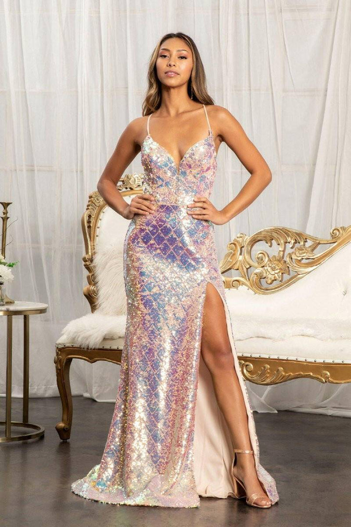 Full Iridescent Sequin Cut-Out Back w/ Detachable Mesh Layer Long Prom Dress GLGL3026-Shangri-La Fashion