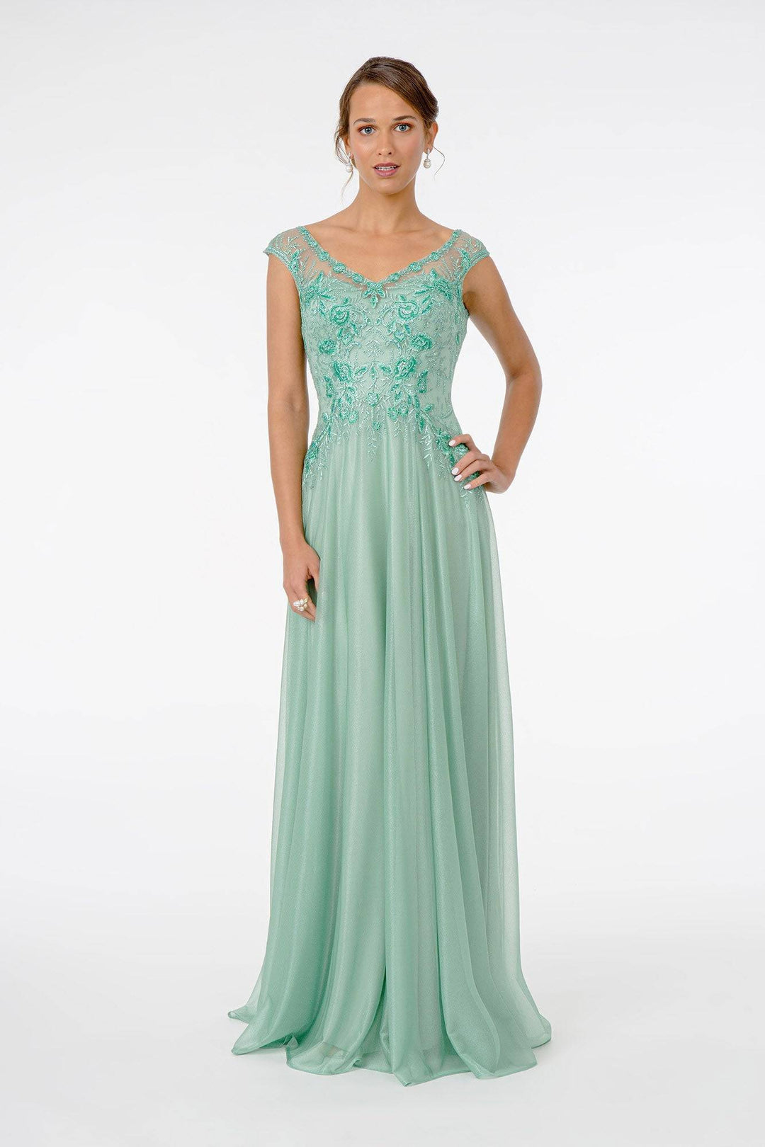 Embroidered Bodice V-Neck w/ V-Back Long Mother Of The Bride Dress GLGL1826-Shangri-La Fashion