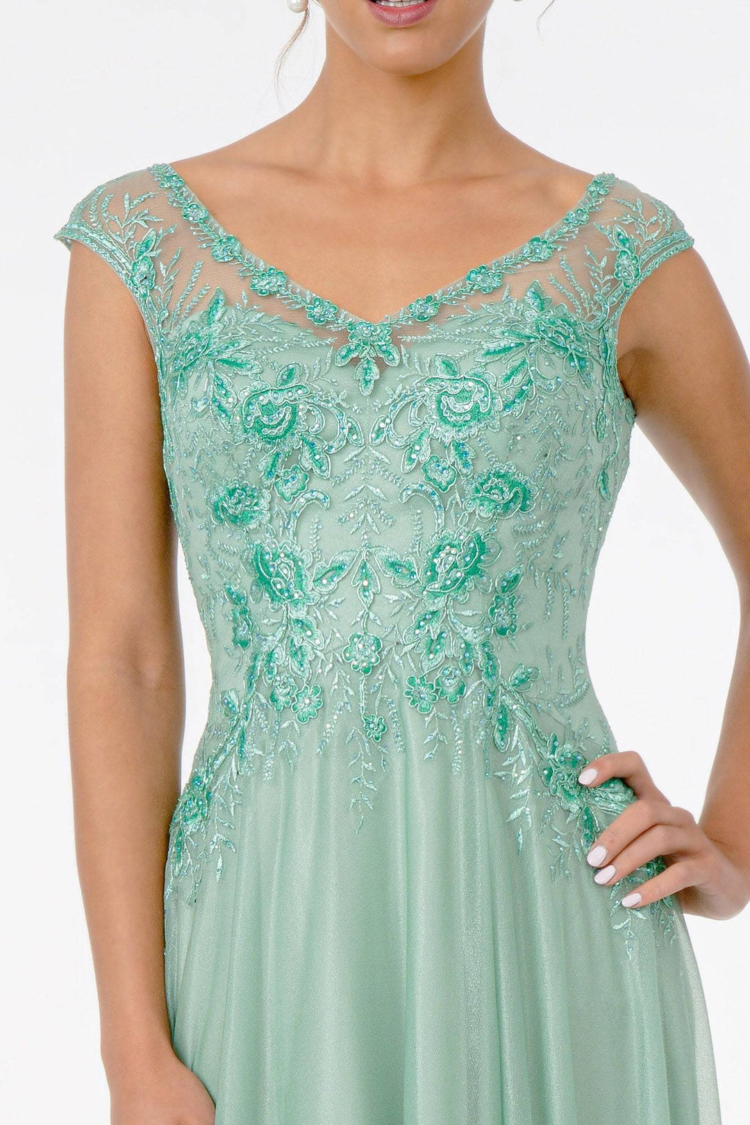 Embroidered Bodice V-Neck w/ V-Back Long Mother Of The Bride Dress GLGL1826-Shangri-La Fashion