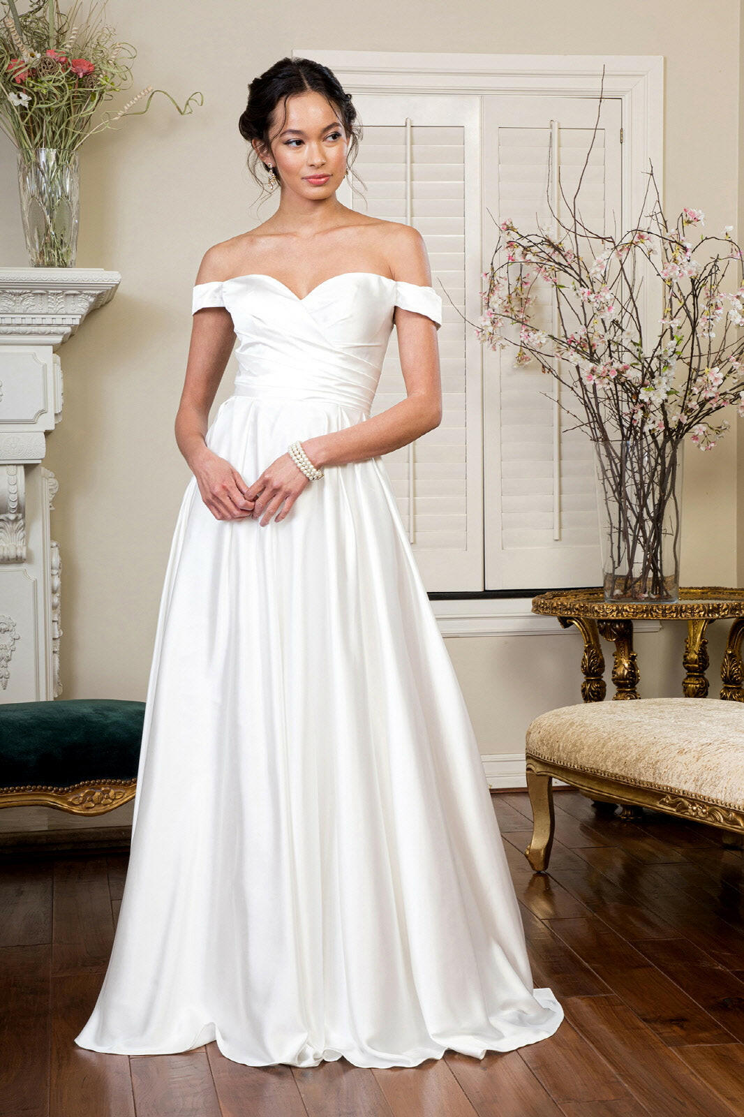 Pleated Waistline Sweethearted Cut-Away Shoulder Satin A-Line Long Wedding Dress - Mask Not Included GLGL1908-0