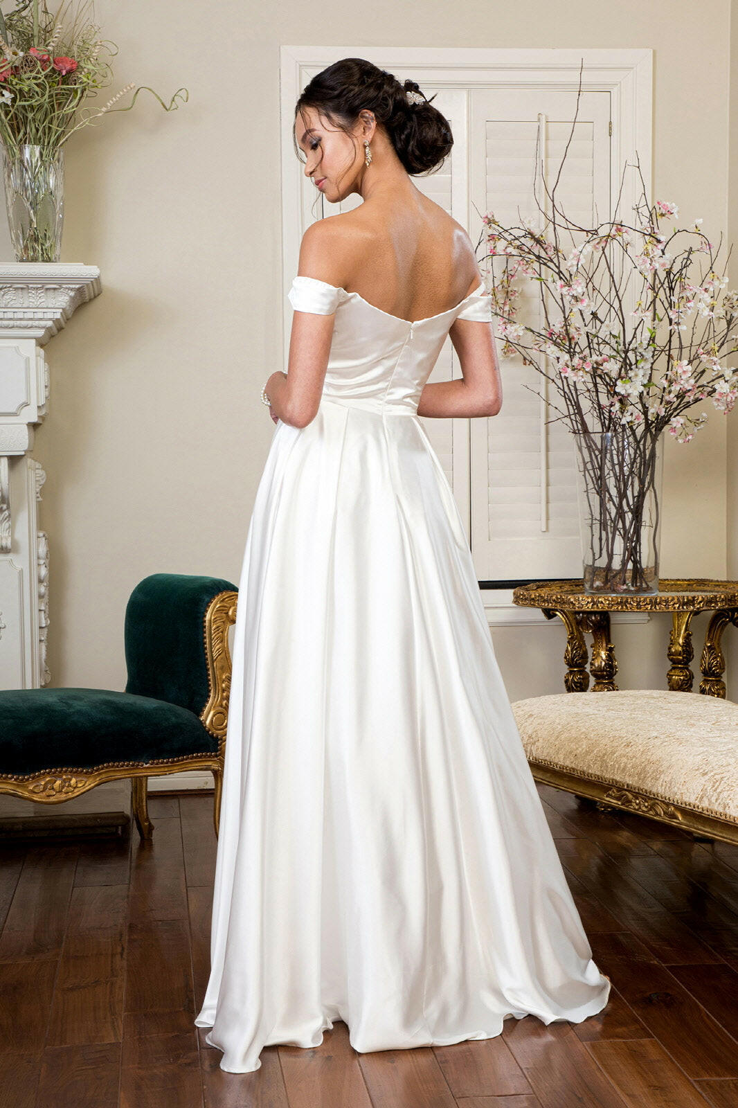 Pleated Waistline Sweethearted Cut-Away Shoulder Satin A-Line Long Wedding Dress - Mask Not Included GLGL1908-1