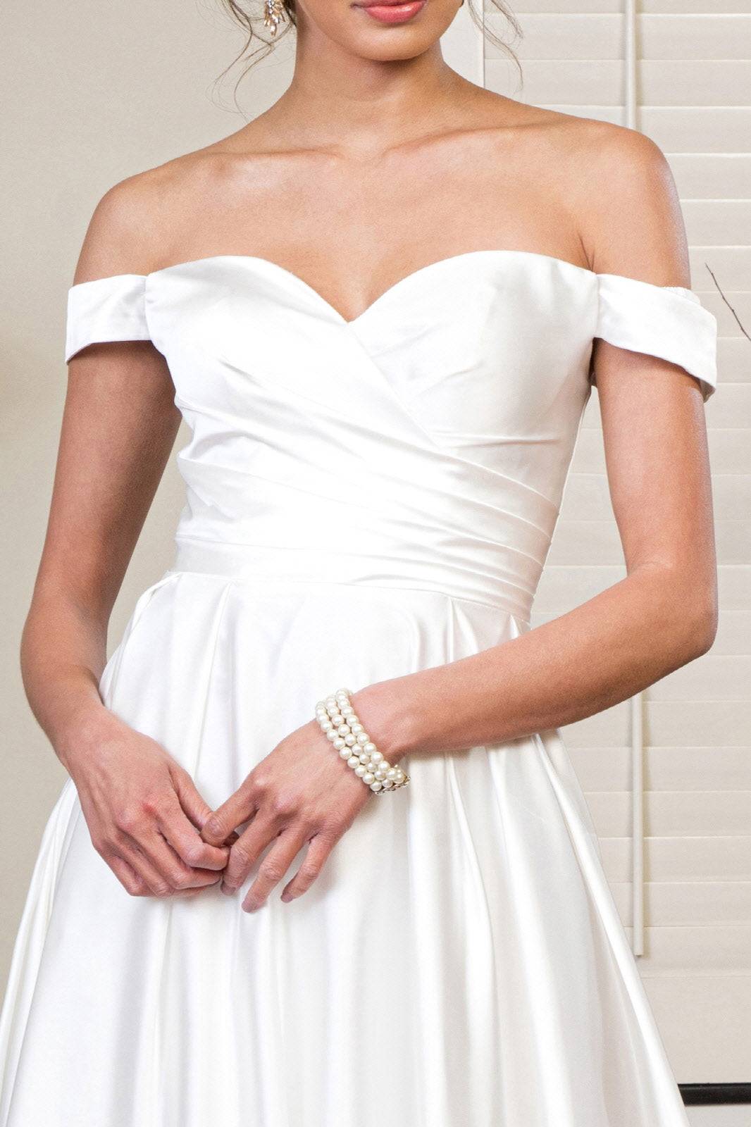 Pleated Waistline Sweethearted Cut-Away Shoulder Satin A-Line Long Wedding Dress - Mask Not Included GLGL1908