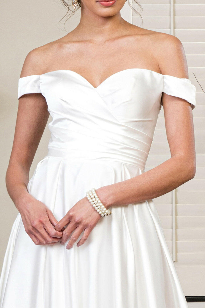 Pleated Waistline Sweethearted Cut-Away Shoulder Satin A-Line Long Wedding Dress - Mask Not Included GLGL1908-2