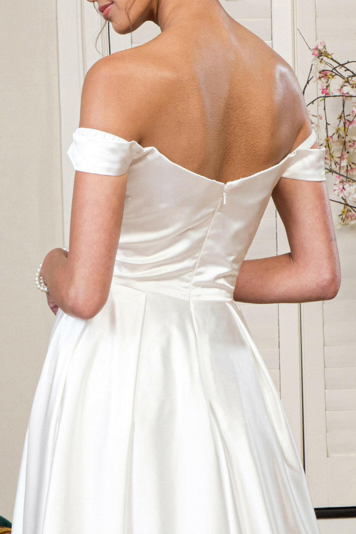 Pleated Waistline Sweethearted Cut-Away Shoulder Satin A-Line Long Wedding Dress - Mask Not Included GLGL1908-3