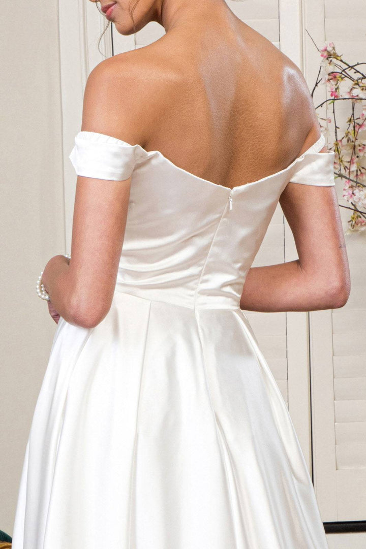 Pleated Waistline Sweethearted Cut-Away Shoulder Satin A-Line Long Wedding Dress - Mask Not Included GLGL1908