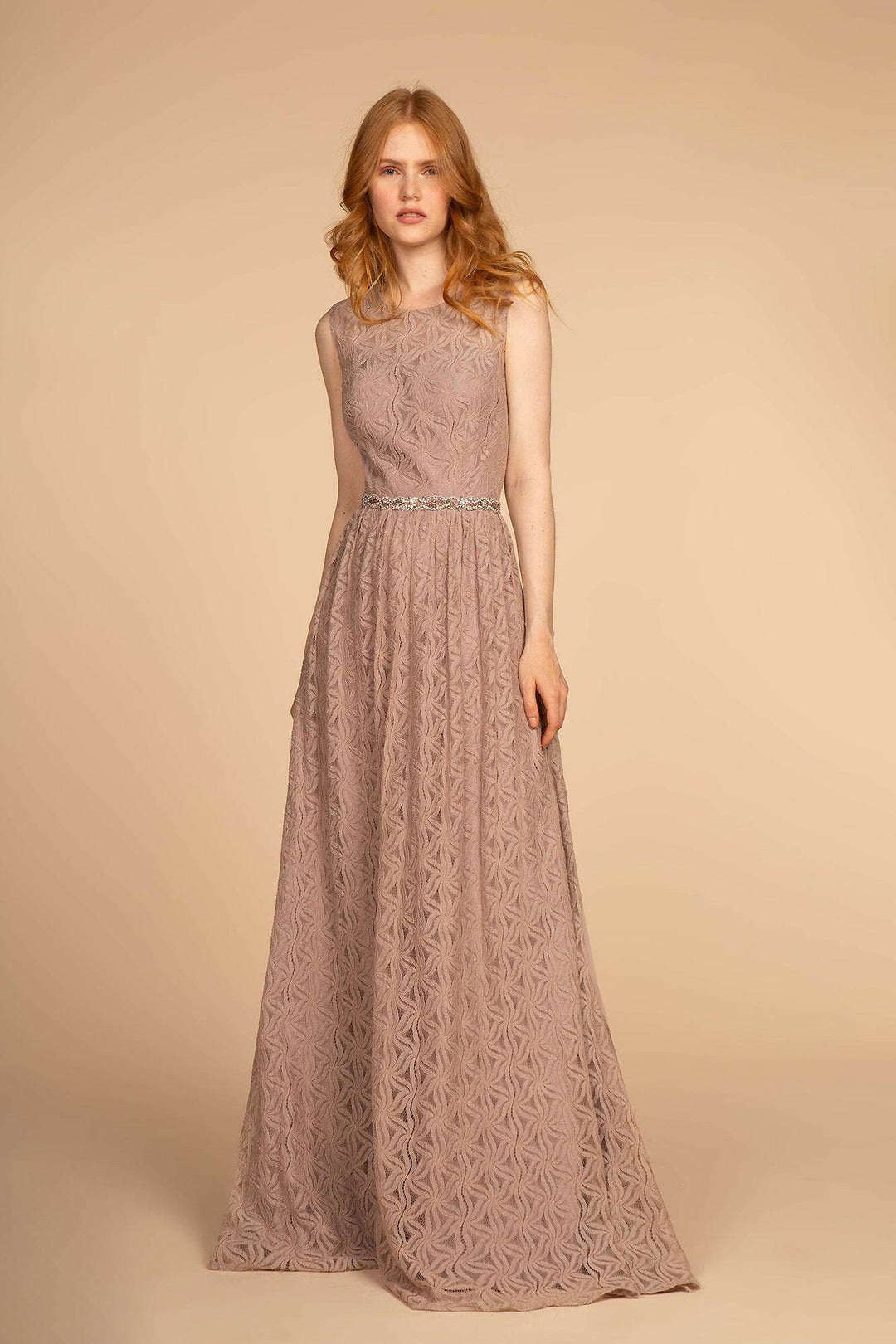 Jewel Embellished Waist Lace Long Mother Of The Bride Dress GLGL2611-Shangri-La Fashion