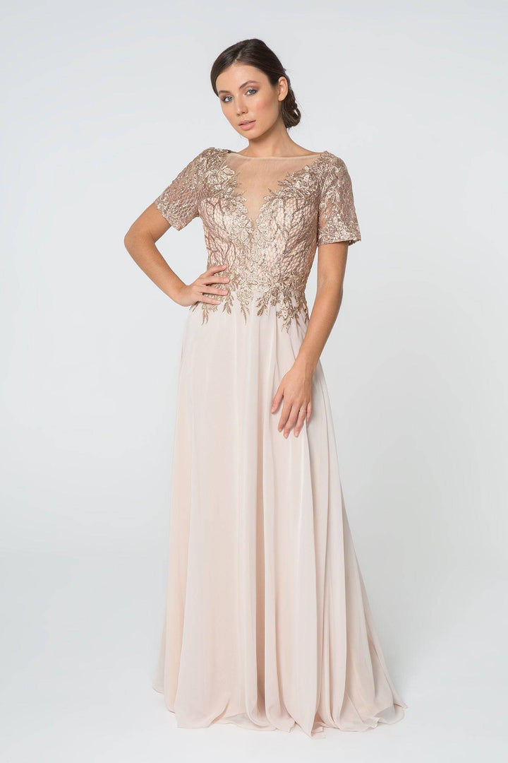 Lace Embellished Illusion V-Neck Long Mother Of The Bride Dress GLGL2826