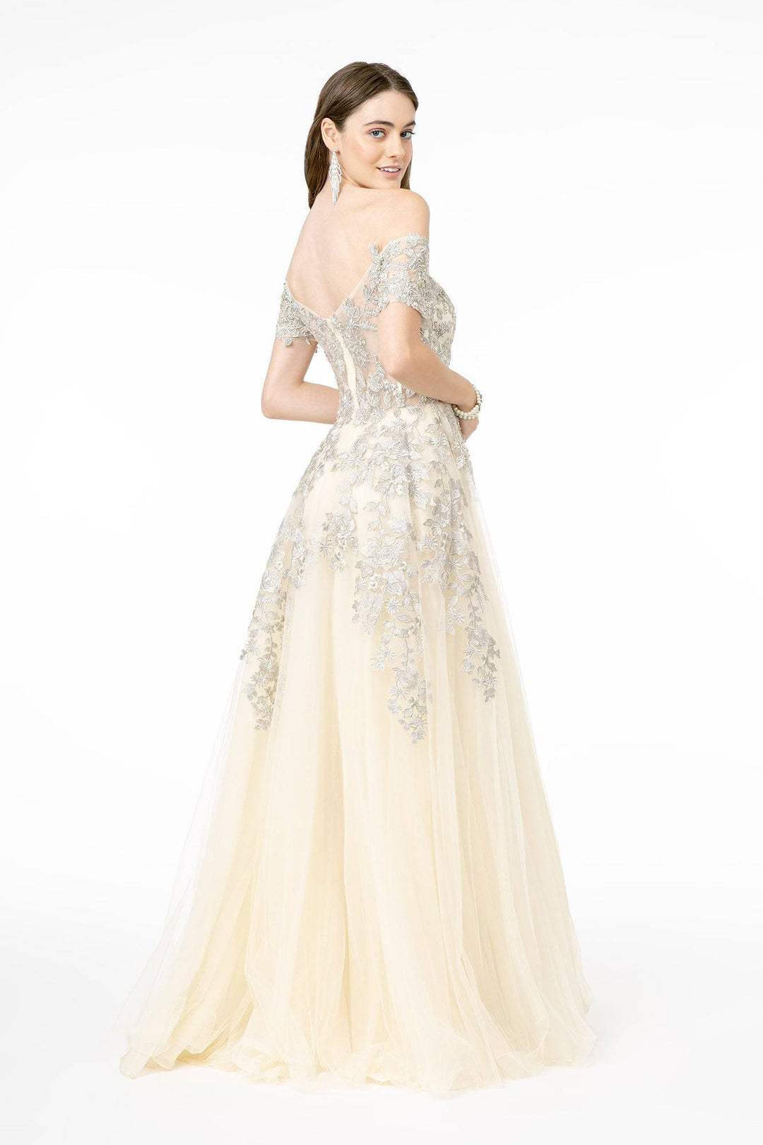 Embroidered Mesh A-Line w/ V-Back Long Prom Dress GLGL2885