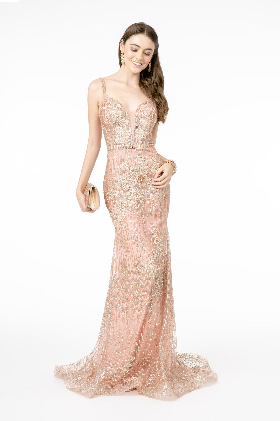 Floral Embroidery Glitter Mesh Mermaid w/ Jeweled Waist Band Long Prom Dress GLGL2889-7