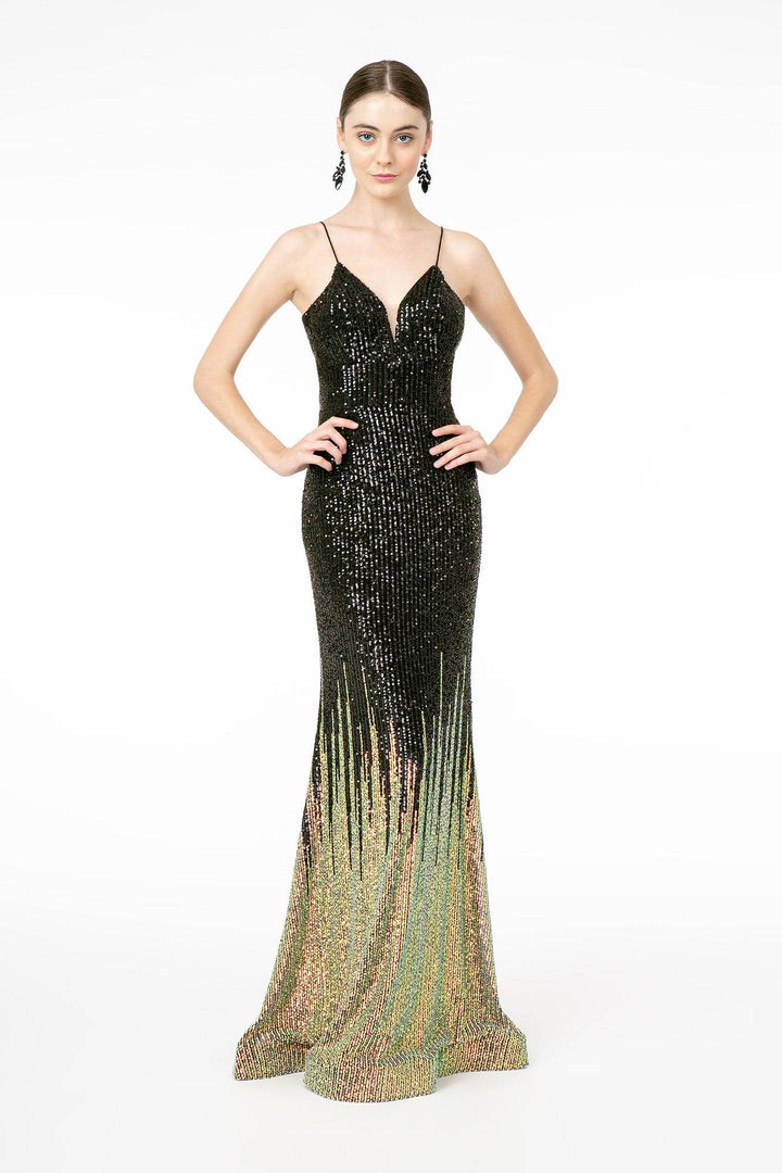 Illusion V-Neck Full Sequin Spaghetti Strap Long Prom Dress GLGL2899