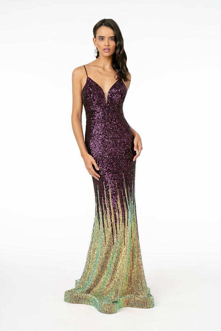 Illusion V-Neck Full Sequin Spaghetti Strap Long Prom Dress GLGL2899