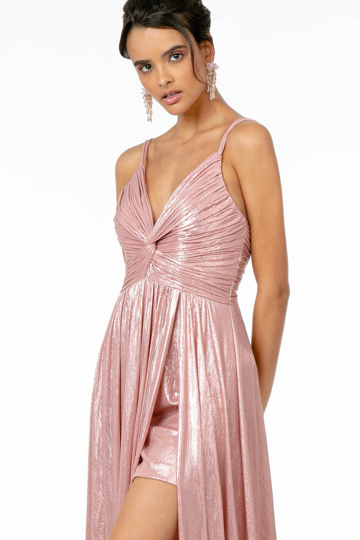 Pleated Bodice Metallic Lame w/ Leg Slit Long Prom Dress GLGL2927