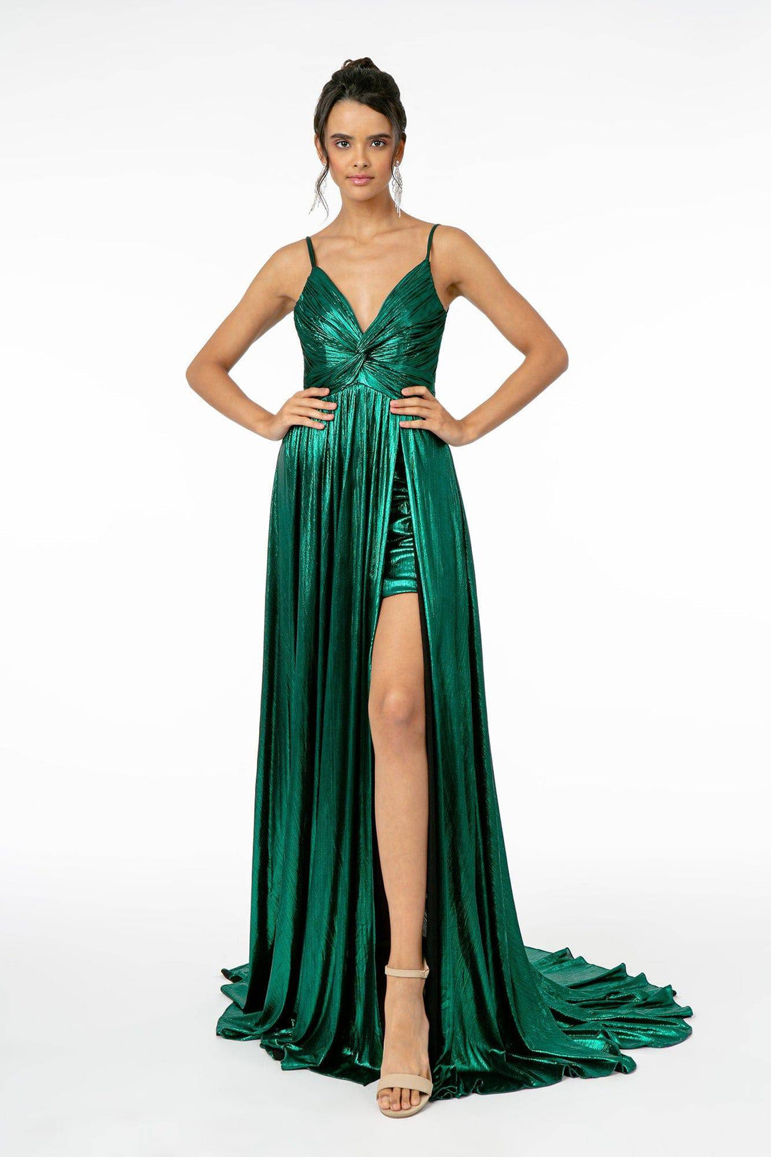 Pleated Bodice Metallic Lame w/ Leg Slit Long Prom Dress GLGL2927