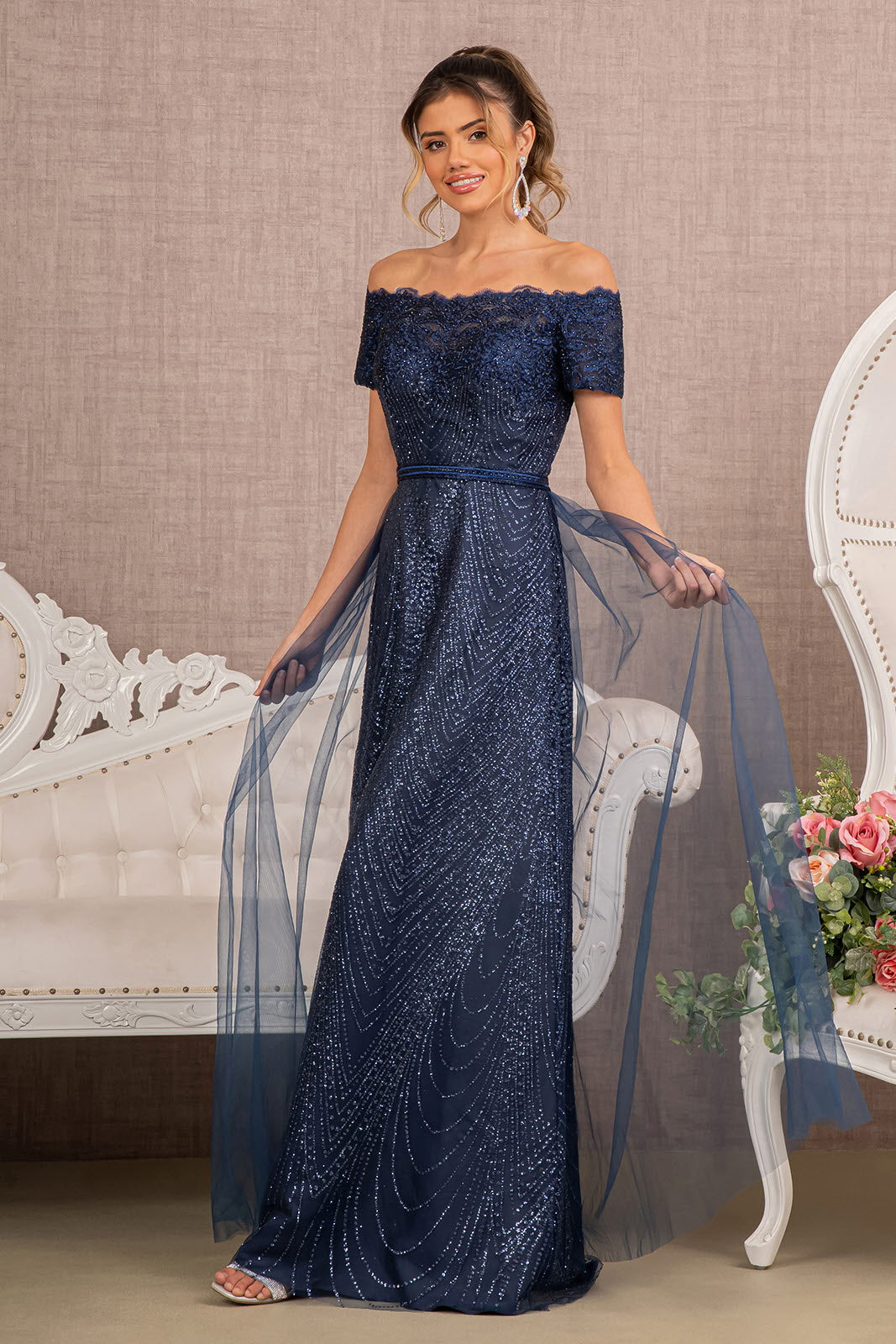 Glitter Print Mesh Cut-Away Shoulder A-Line Long Mother Of The Bride Dress GLGL2942-4