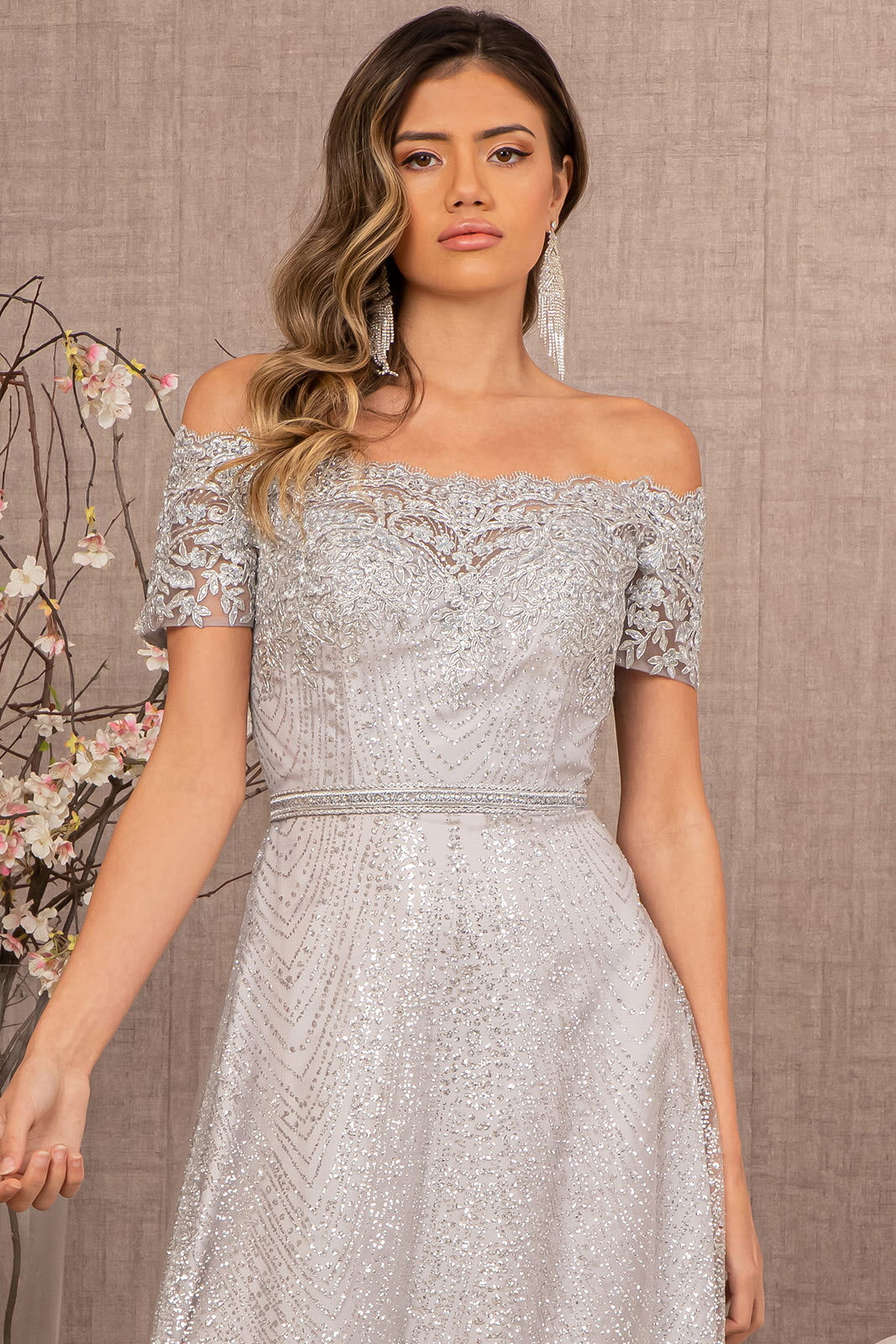 Glitter Print Mesh Cut-Away Shoulder A-Line Long Mother Of The Bride Dress GLGL2942-2