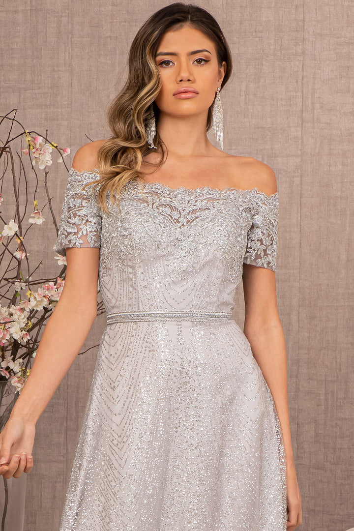 Glitter Print Mesh Cut-Away Shoulder A-Line Long Mother Of The Bride Dress GLGL2942-2