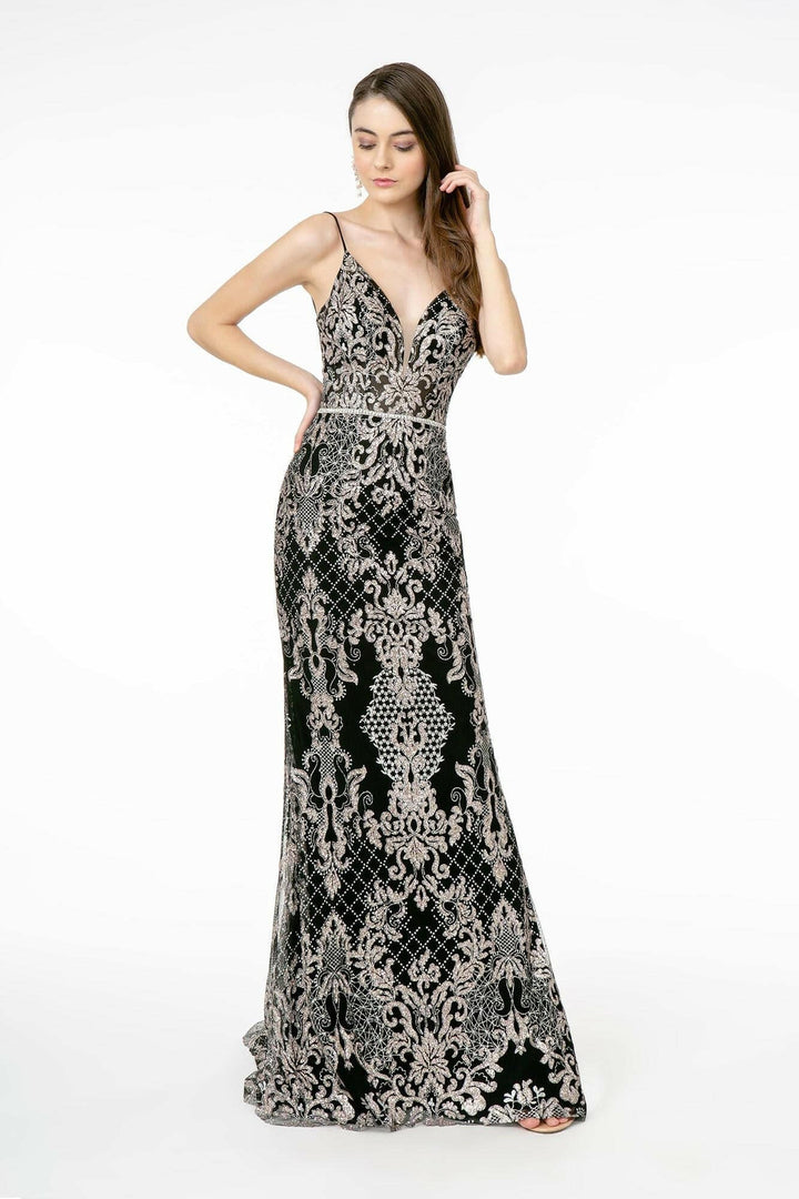 Jeweled Waist Band Accented Glitter Mesh Long Prom Dress GLGL2990-Shangri-La Fashion